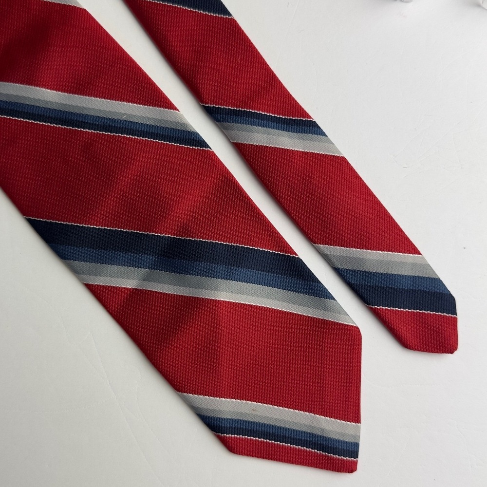 McGregor Mens Red Navy Blue Silver Striped Necktie Vintage Made in USA Polyester